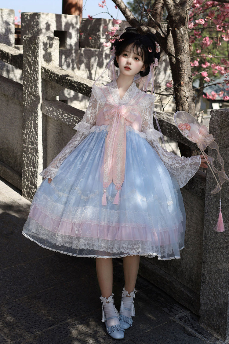 Peach Blossoms in Spring Fields Sweet Chinese Lolita JSK with Ruffles