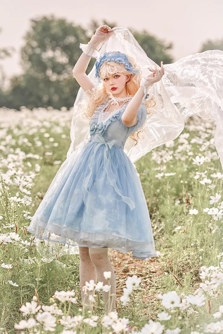 Blue Planet Butterfly Printed Ruffled Sweet Lolita Dress - High-Waisted