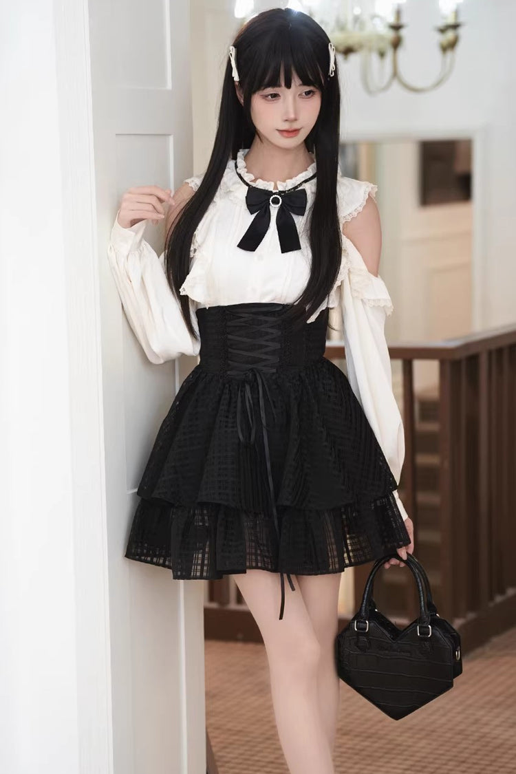 Black and White Round-Collar Cut-Out Bow Lace-Up Elegant Skirt Set