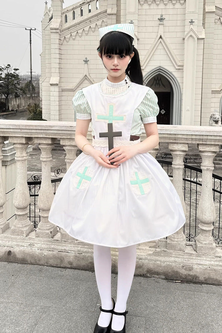 Green Striped Bow Nurse Lolita Stand-Collar