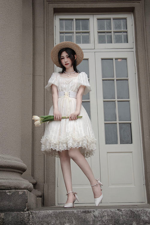 Vintage Lolita OP Dress with Tulip Collar, Lantern Sleeves, Ruffles
