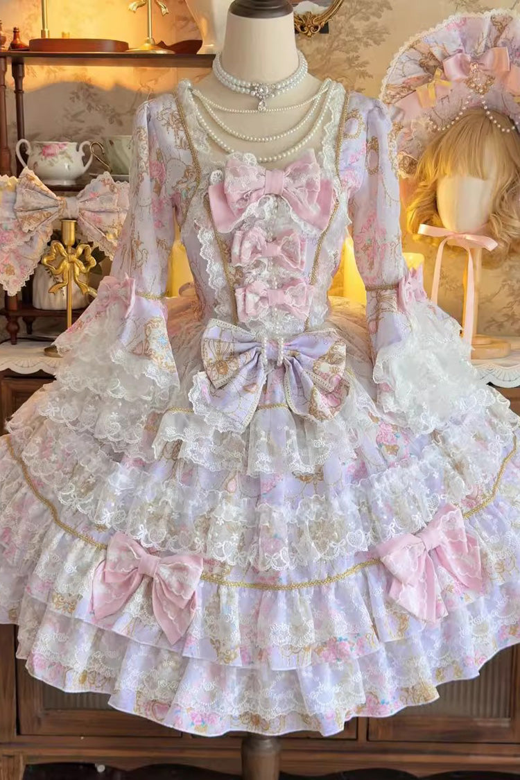 Candlelight Elegance Violet Long Trumpet Sleeves Ruffle Bowknot Lace Elegant Lolita Dress - Candlelight Elegance