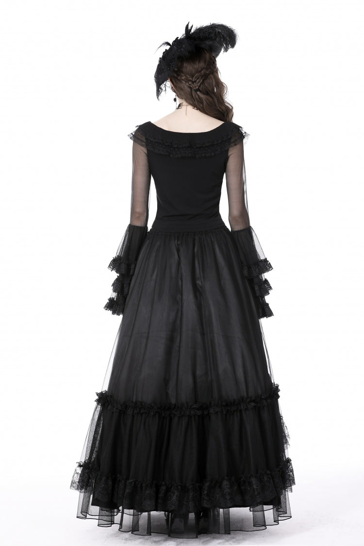 Gothic Women's Top with Trumpet Sleeves and Ruffles, Black