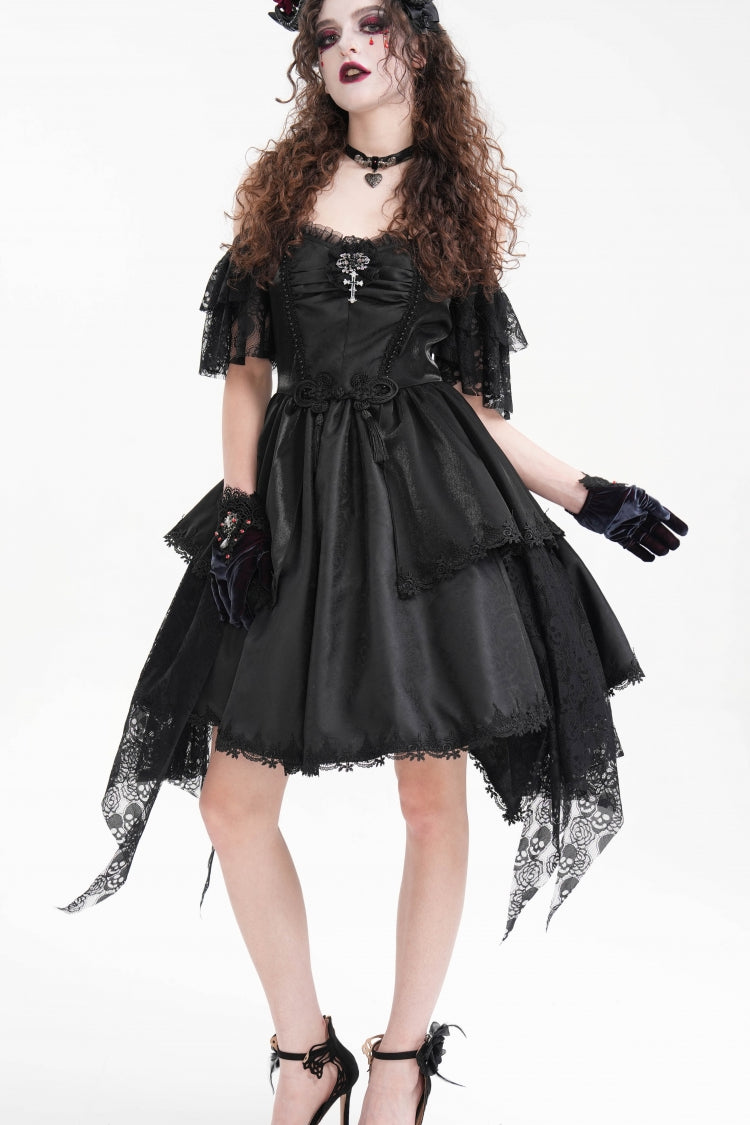 Delicate Black Lace Lace-Up Irregular Hem Halter Gothic Dress