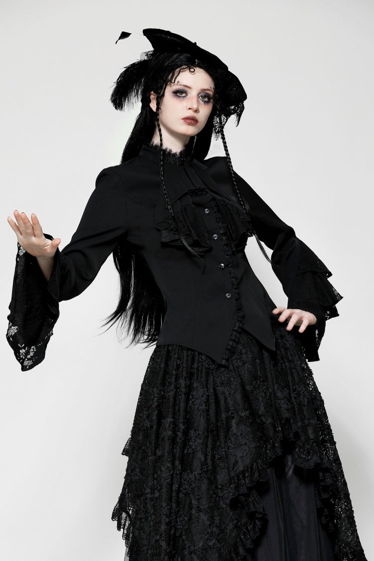 Multi-Layered Ruffled Stand Collar Long Flared Sleeve Gothic Blouse for Women Lace