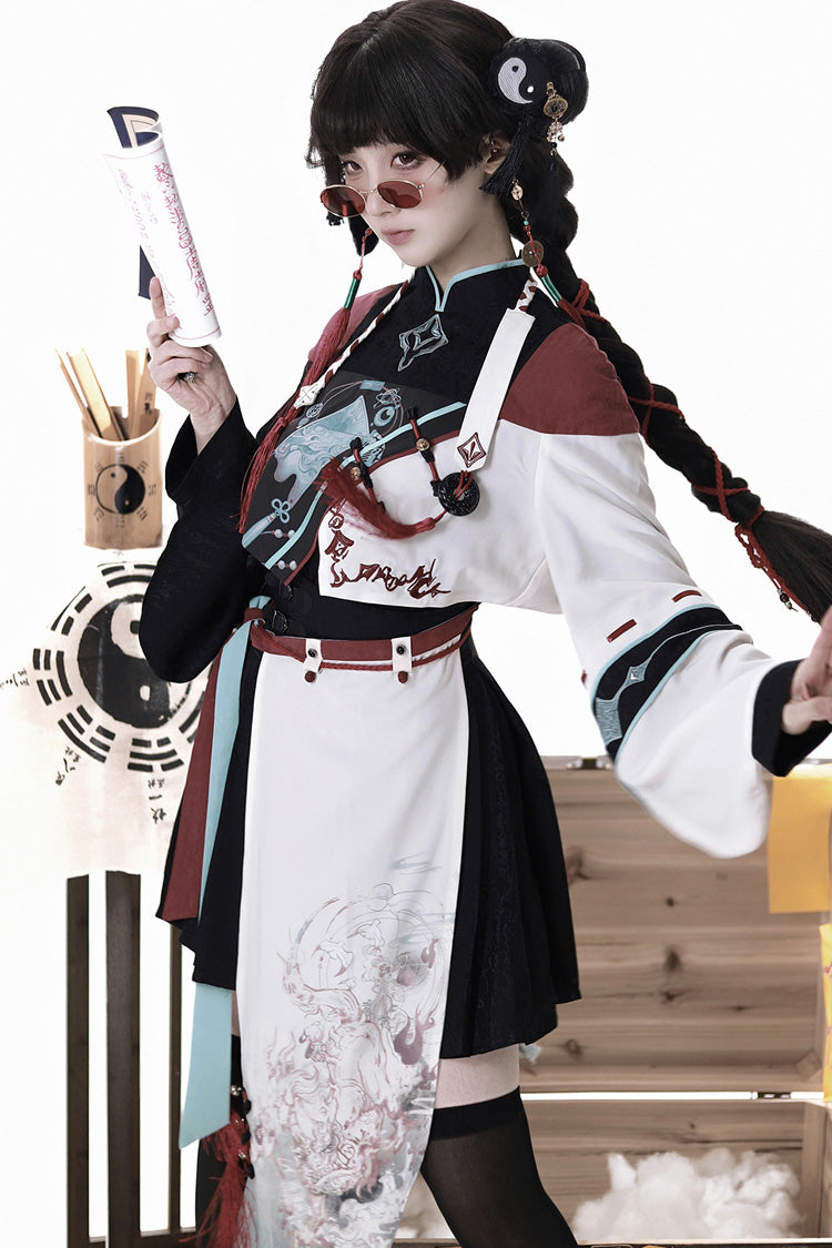 Multi-Color Asymmetric Chinese Ouji Skirt with Demon Print - Walking With The Demon