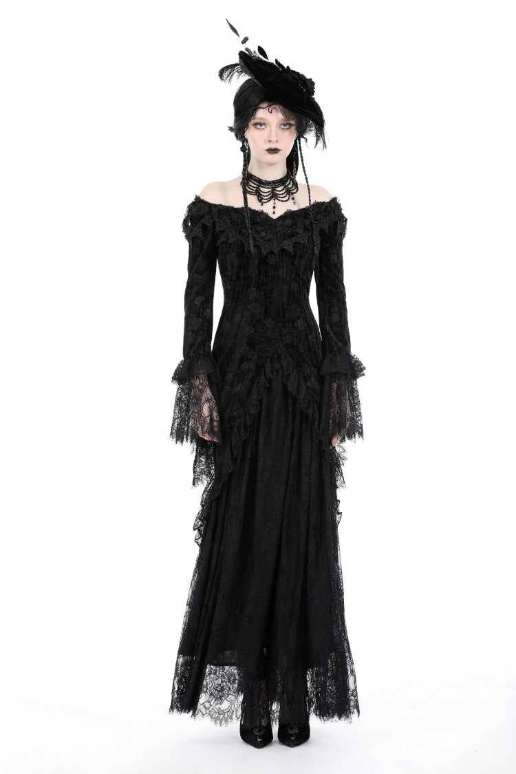 Off Shoulder Lace Long Trumpet Sleeves Lace-Up Gothic Bodycon Dress