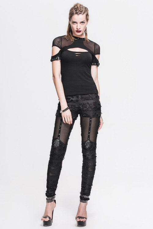 Ripped Knit Pants with Skeleton Palm Motif