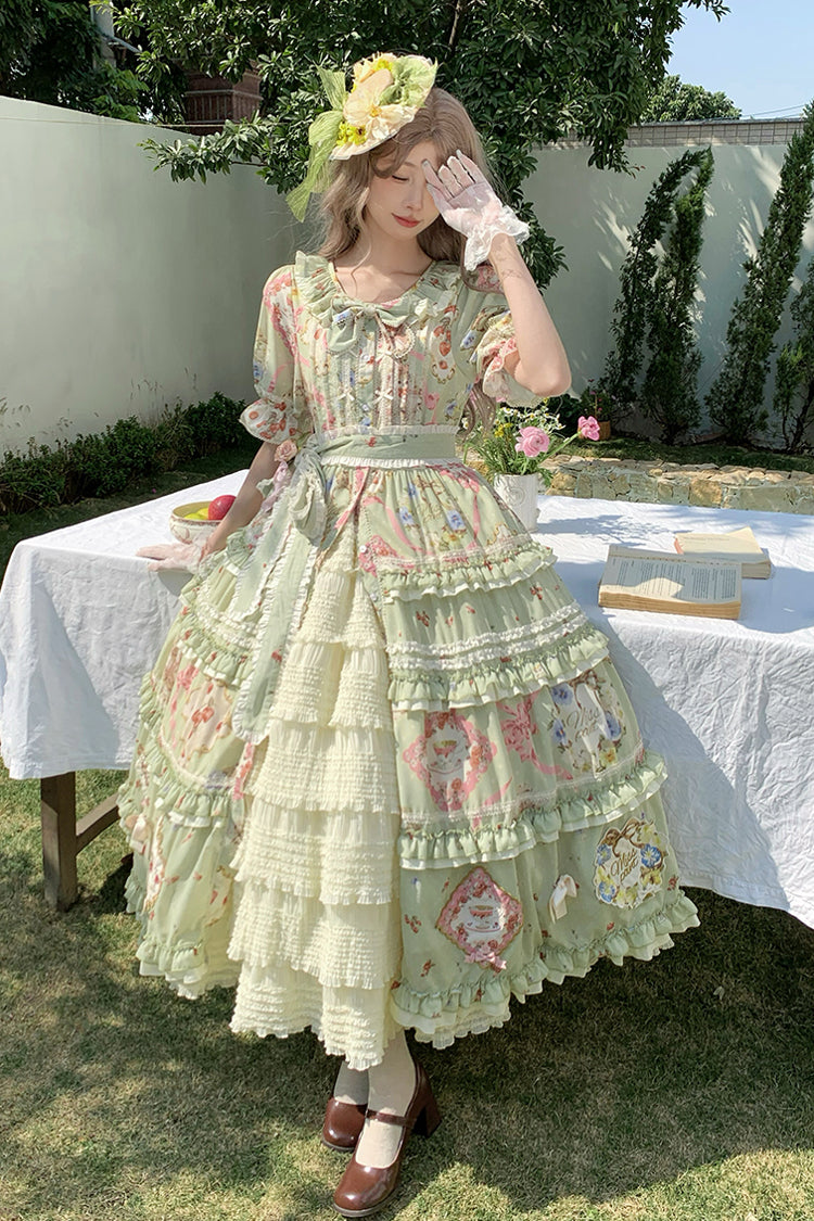Green Short Sleeve Print Ruffle Cardigan Bowknot Gorgeous Dress