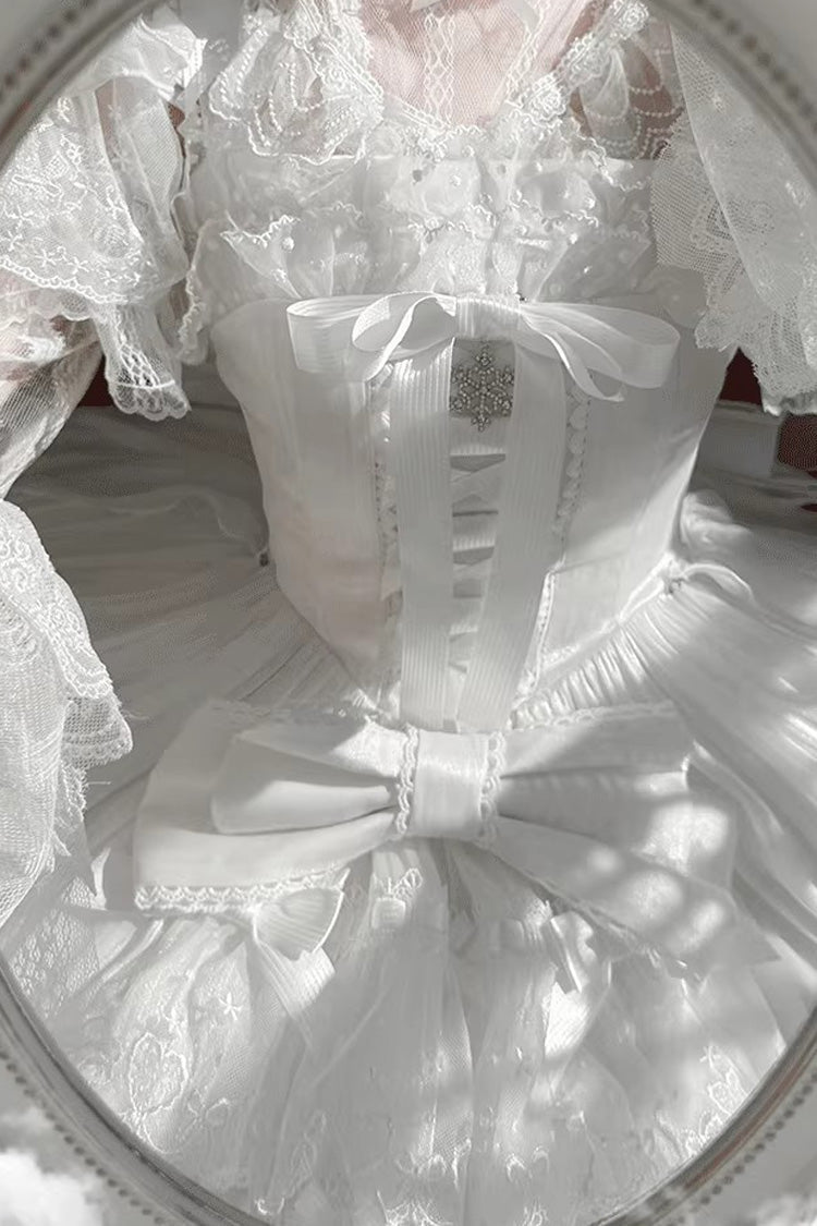 Ivory and Pink Snow of Love Ruffled Hanayome Open-Front Bow Lace Sweet Princess Lolita Dress