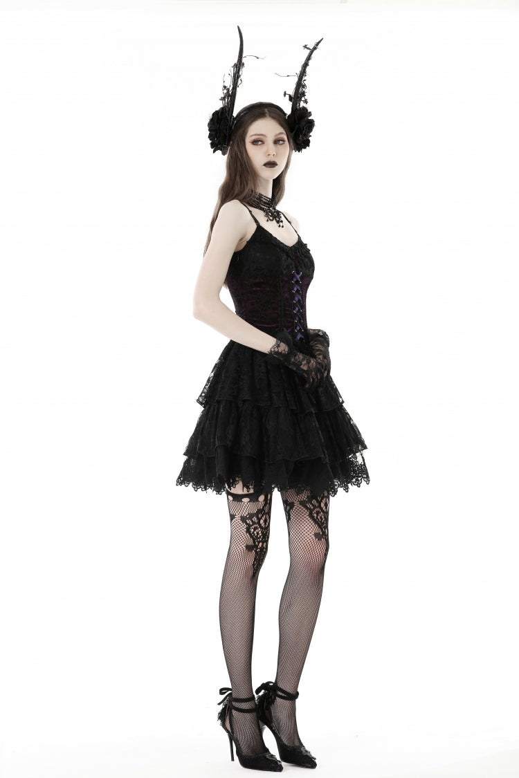 Black/Purple Multi-Layer Lace Lace-Up Gothic Dress