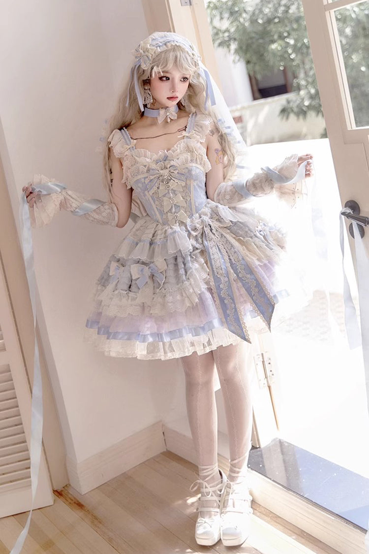 Moonstone Sleeveless Ruffle Embroidery Bow Lace Fishbone Princess Dress in Blue