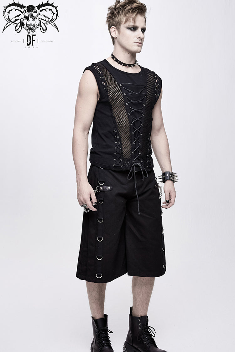 Men's Punk Vest with Lace-Up Splice Coarse Grain Chest