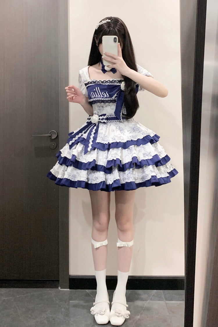 Cerulean and Ivory Porcelain Print Multi-Layer Ruffle Embroidery Bow Sweet Lolita Dress