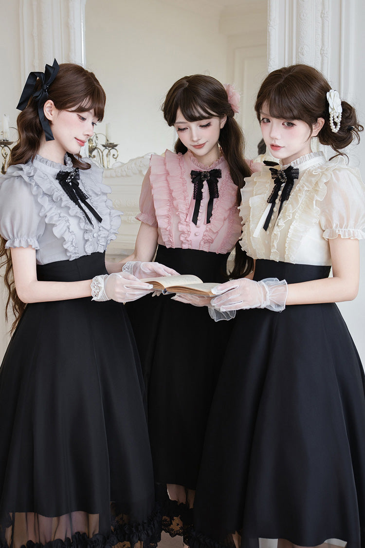 Miss Lola Snow Kiss Stand Collar Short Puff Sleeves Ruffled Color-Blocked Faux Two-Piece Sweet Lolita Long Dress 3 Colors - Black