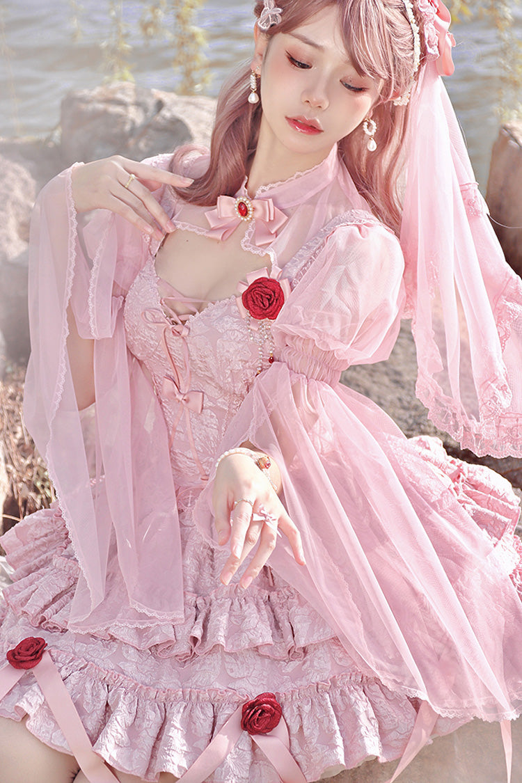 Rosy Mourning Rose Double-Tier Frill Bow Accent Lace Ballet Skirt Set