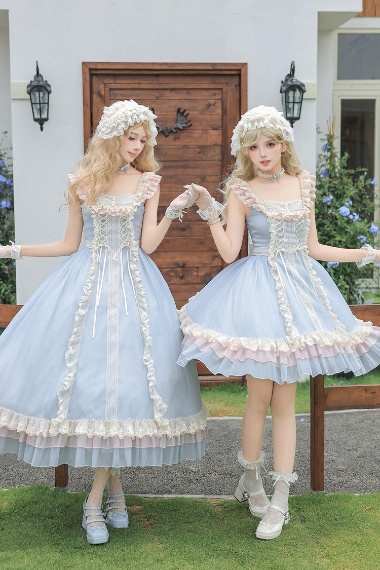 Island Diary Square Collar Flutter Sleeves Triple-Layered Ruffled Lace-Up Sweet Lolita Jsk Dress 2 Versions - Blue