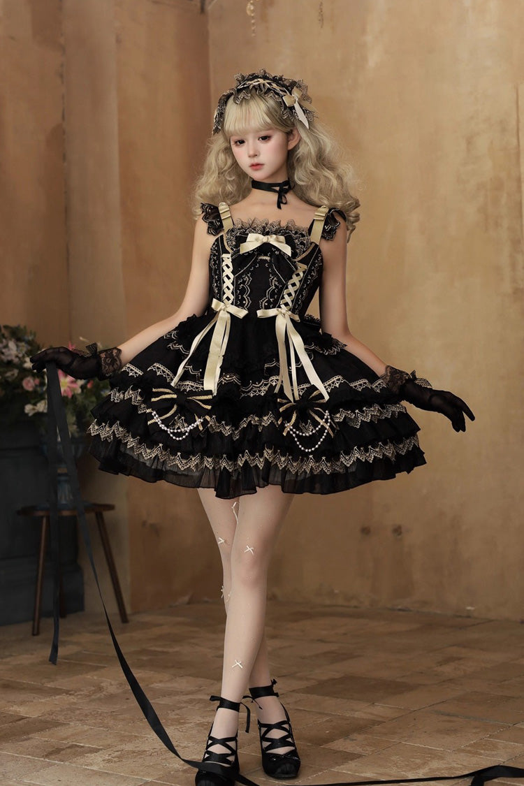 Black Gilded Memories Sleeveless Double-Layered Ruffle Hot Stamping Bowknot Lace Sweet Lolita Jsk Dress