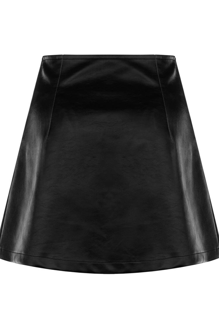 Leather Punk Skirt with Lace Slit and Rivet Trim