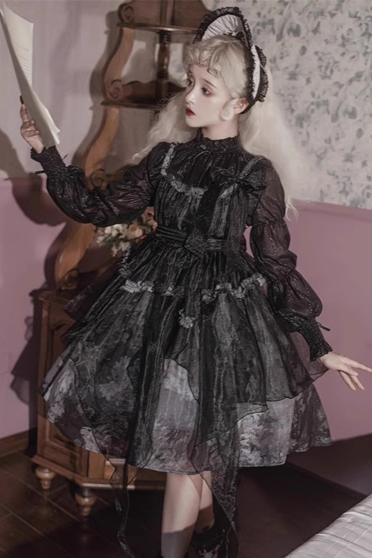 Black Mandarin Collar High-Waist Dead Leaf Print Tulle Gothic Lolita JSK