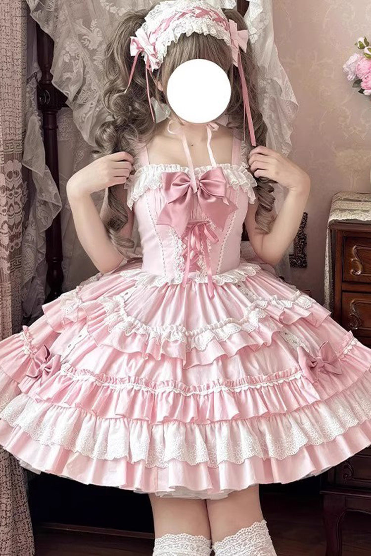 Blush Sleeveless Multi-Layer Ruffle Bow Lace-Up Sweet Tiered Dress