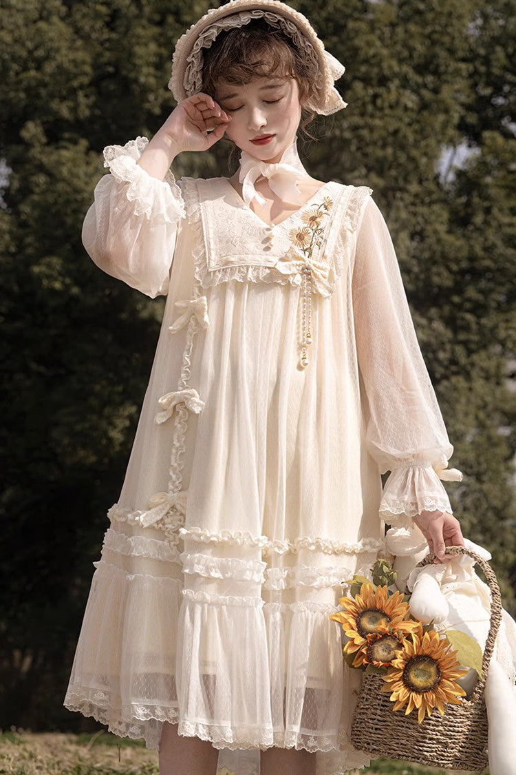 Ivory Sweet Princess Lolita Dress with Lace Embroidery Ruffled Bowknot - Sunflower Diary