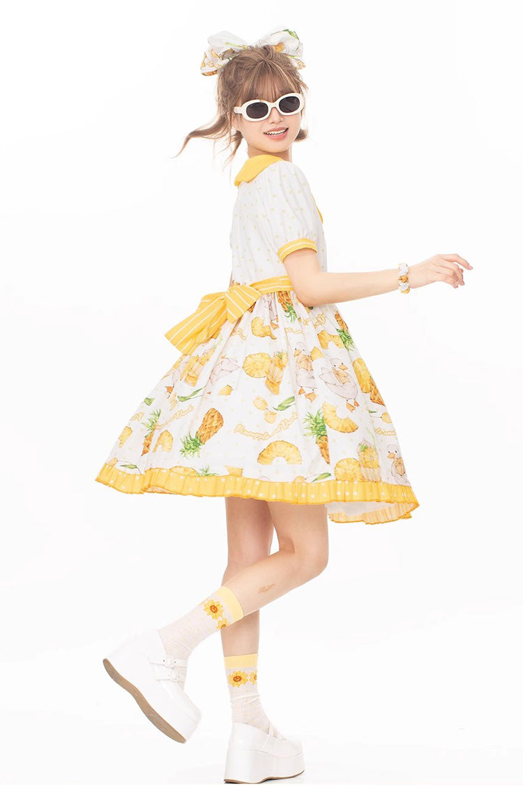 Creamy Ivory and Gold Duck Motif Puffed Sleeve One-Piece Lolita Gown