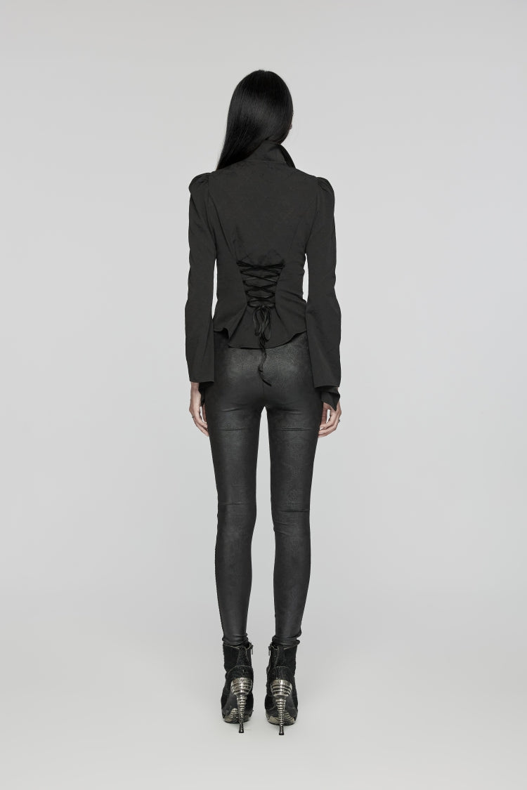 Jet-Black Gothic Blouse with Puffed Sleeves and Stitched Lace for Women