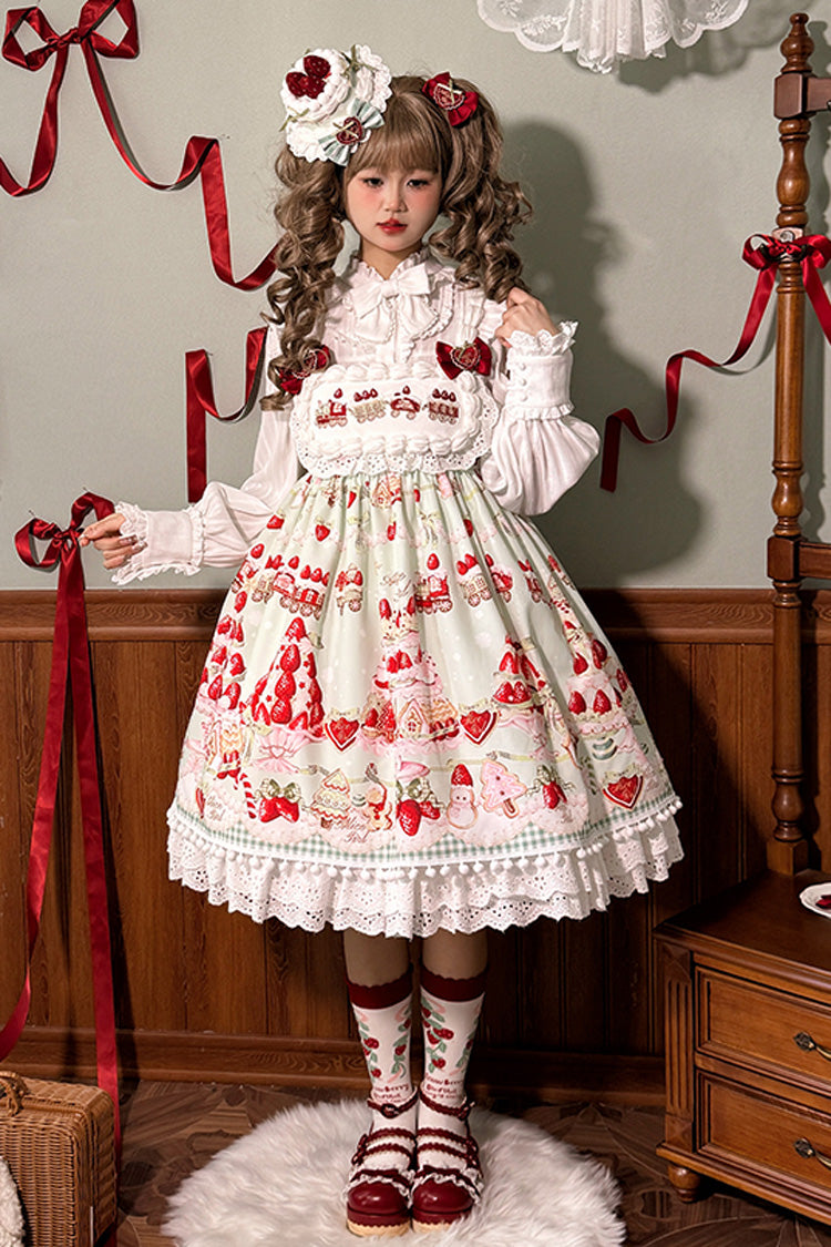 Mint Strawberry Dessert Printed High-Waisted Sweet Lolita JSK Dress - Ruffled
