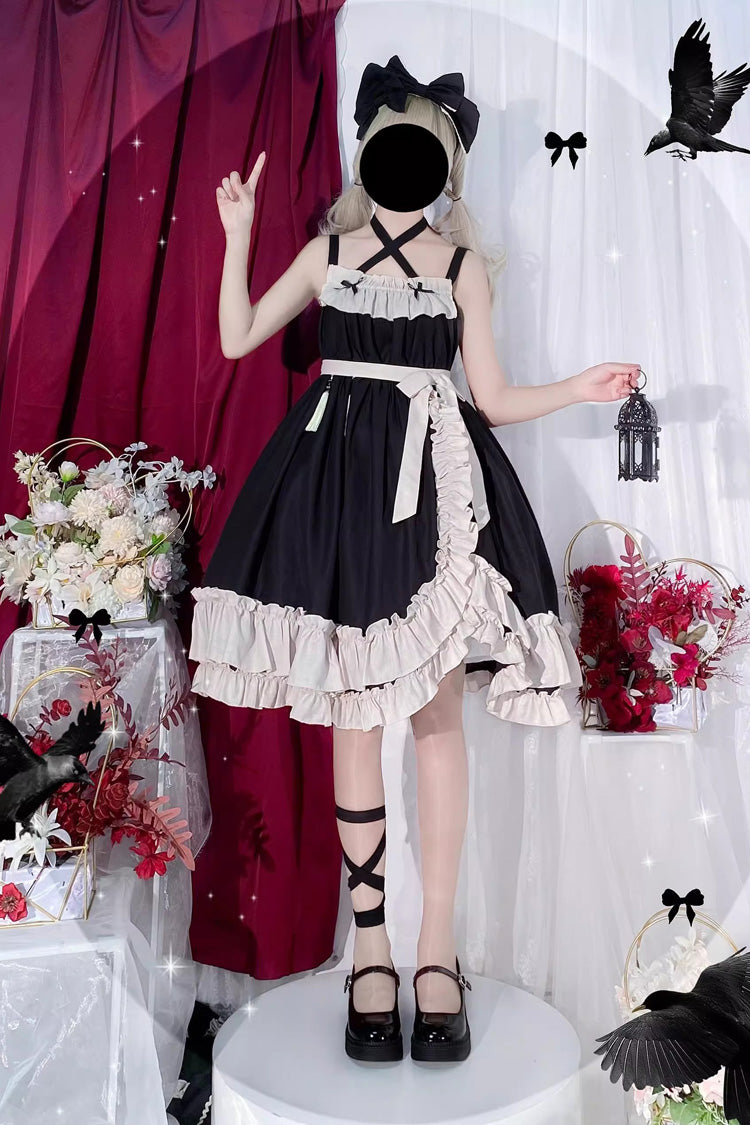Sleeveless High Waist Ruffle Bow Asymmetric Gothic Lolita Jumper Dress - Black