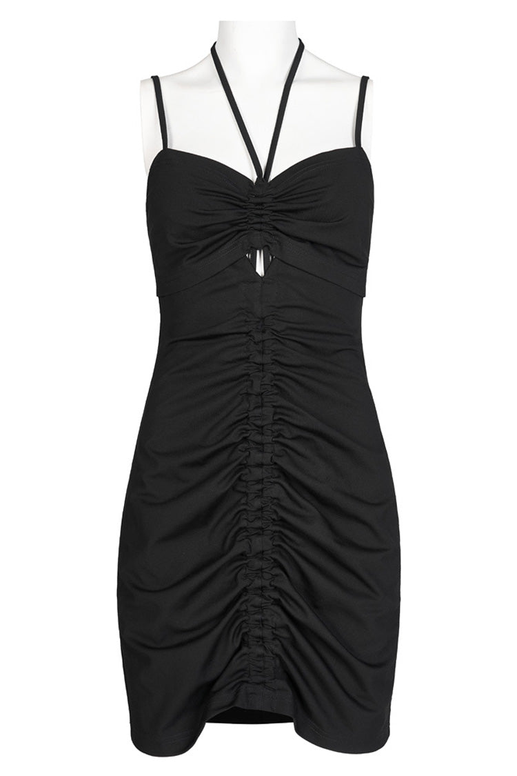 Black Knit Hollow Drawstring Bodycon Halter Punk Dress