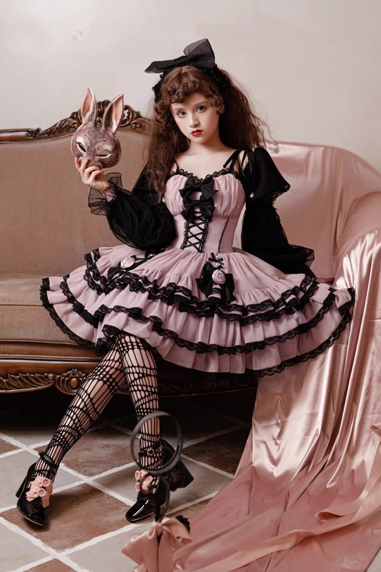 Purple Black Layered Ruffled Bow Sweet Lolita Long Sleeve Dress
