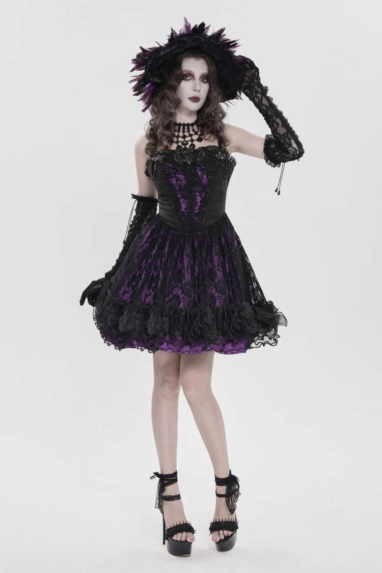 Off Shoulder Double-Layered Printed Cut-Out Lace Lace-Up Gothic Jsk Dress