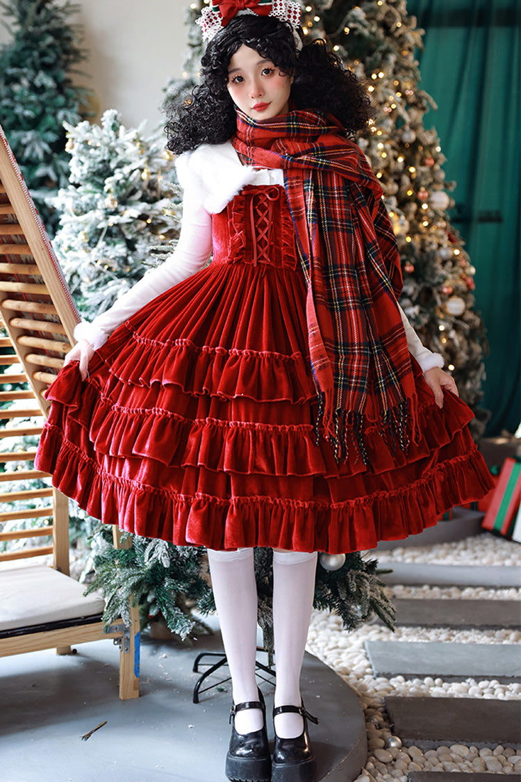 Multi-Tier Lace-Up Gothic JSK with Ruffles - Sponge Cake