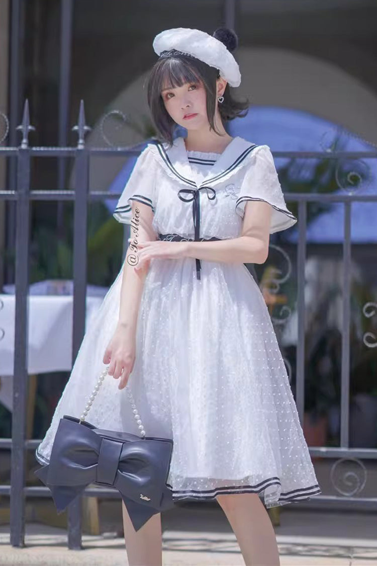 Ivory Navy Collar Ruffled Sailor Dress with Lace-Up - Seaside Sweetheart