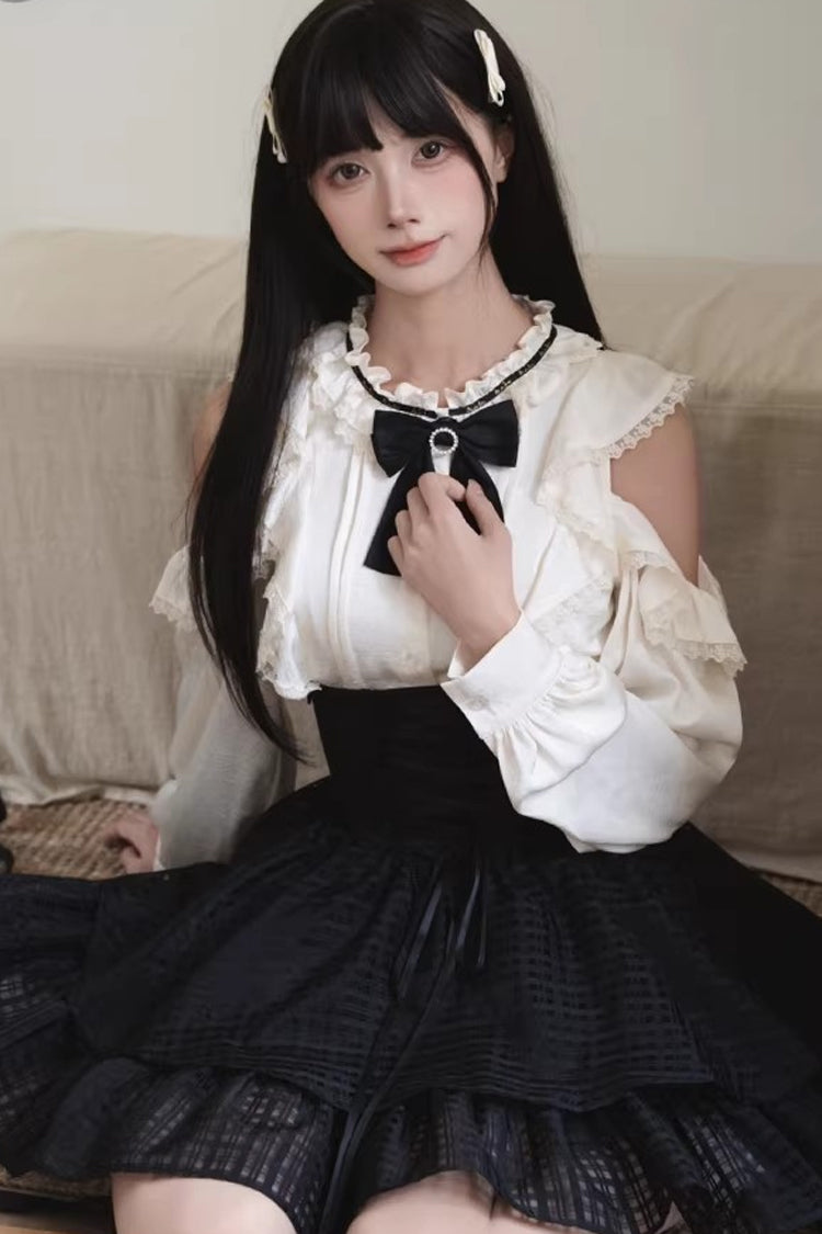 Black and White Round-Collar Cut-Out Bow Lace-Up Elegant Skirt Set