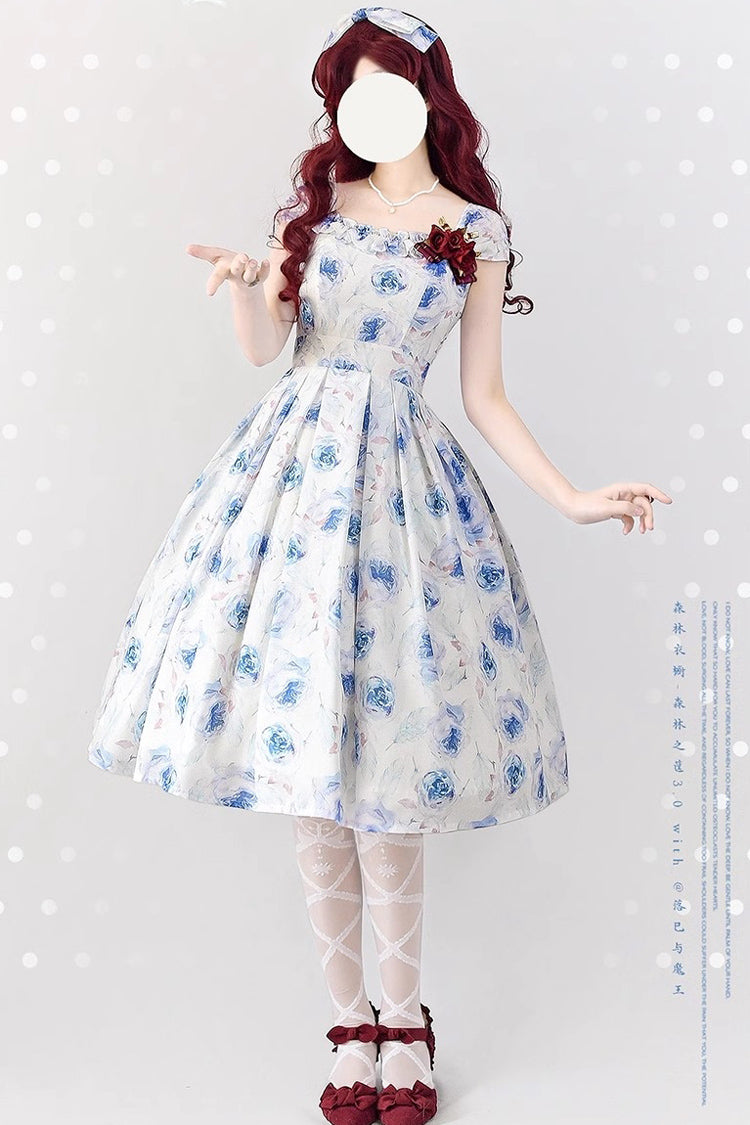 Cerulean and Ivory Rose Print Bow Sweet Elegant Lolita JSK Dress - Forest Basket Edition