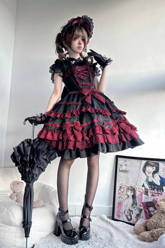 Triple-Layered Ruffle Bow Lace Gothic Jsk Dress