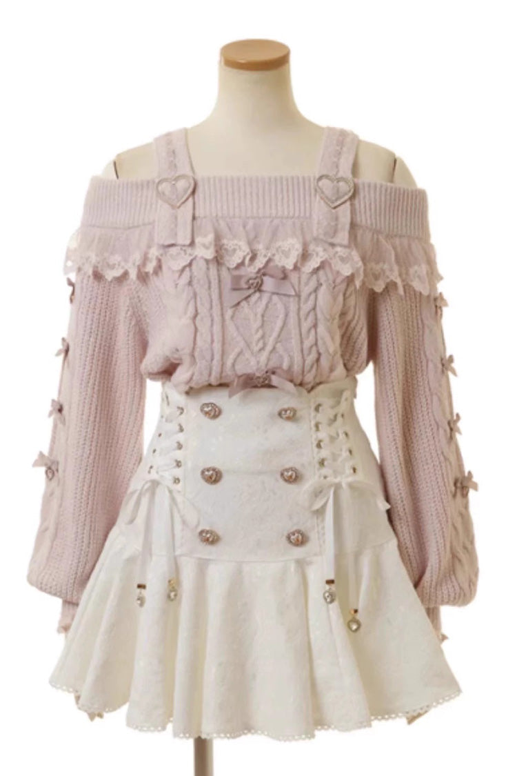 White Double Breasted Lace-Up Sweet Jirai Kei Skirt