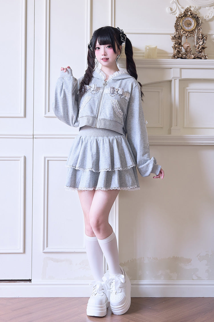 Hooded Bow Lace Hoodie & Skirt - Jirai Kei Set