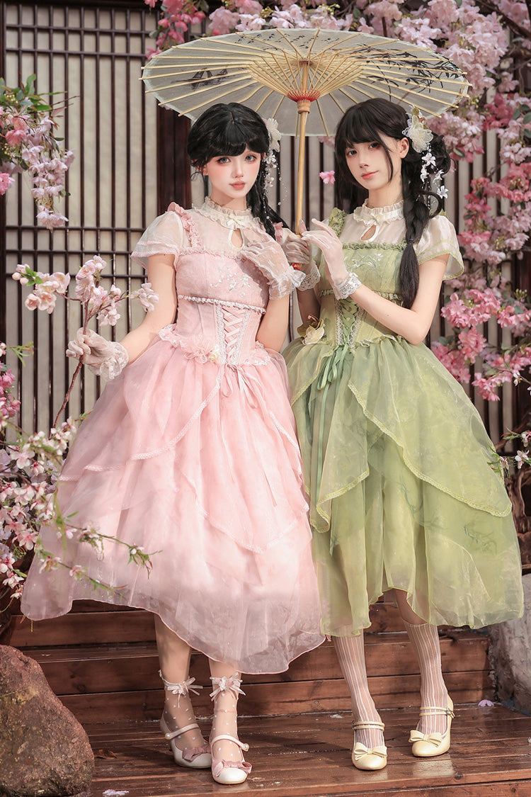 Fragrance Stand Collar Short Sleeves Multi-Layered Printed Ruffled Bow Lace Irregular Chinese Style Sweet Lolita Dress 2 Colors - Green/Pink