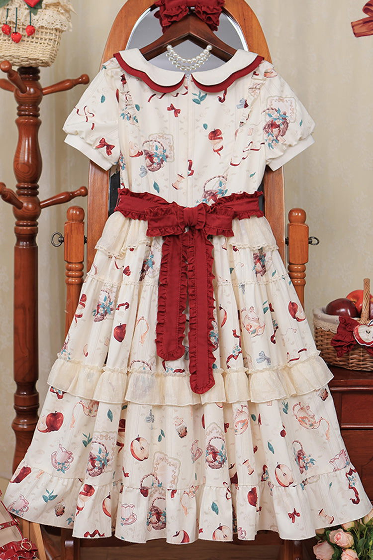 White Apple Tea Printed Country Style Sweet Lolita Dress - Short Sleeved Ruffled