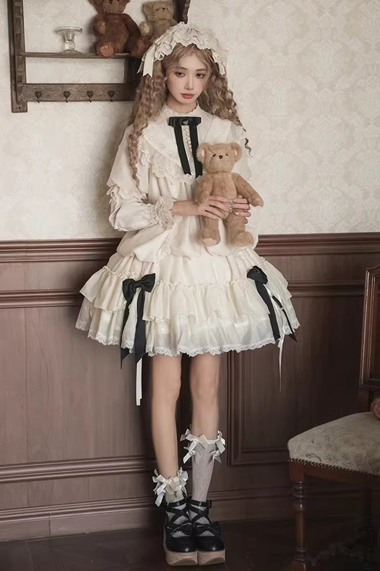 Cream Glass Flower Room Short Sleeve Triple-Layer Rose Embroidery Bow Corset Sweet Lolita Dress Set