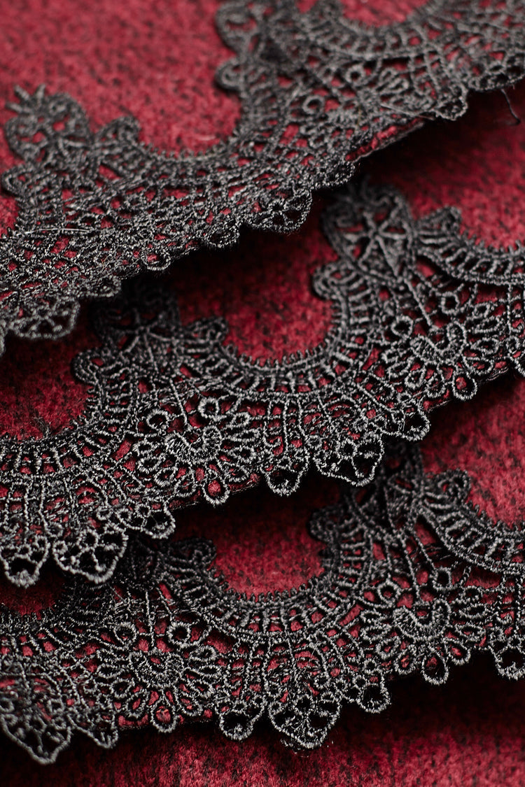 Crimson Hooded Fur-Collar Wool Gothic Cloak Coat