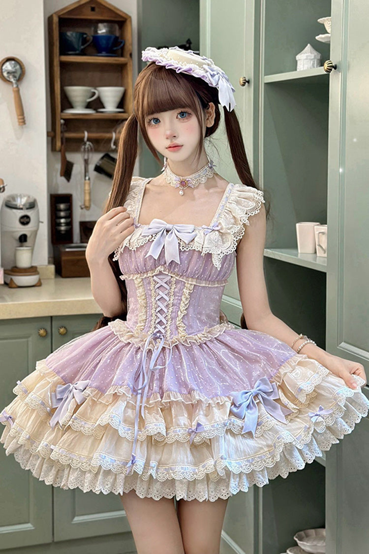 Flory Butterfly Violet Double-Layered Ruffle Bowknot Lace-Up Ballet Lolita JSK - Flory Butterfly