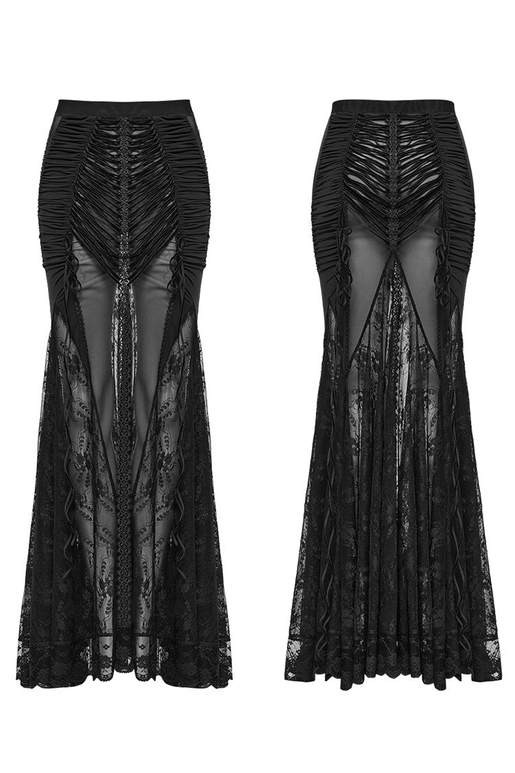 Sheer Wrapped Hip Gothic Skirt for Women with Lace Detail