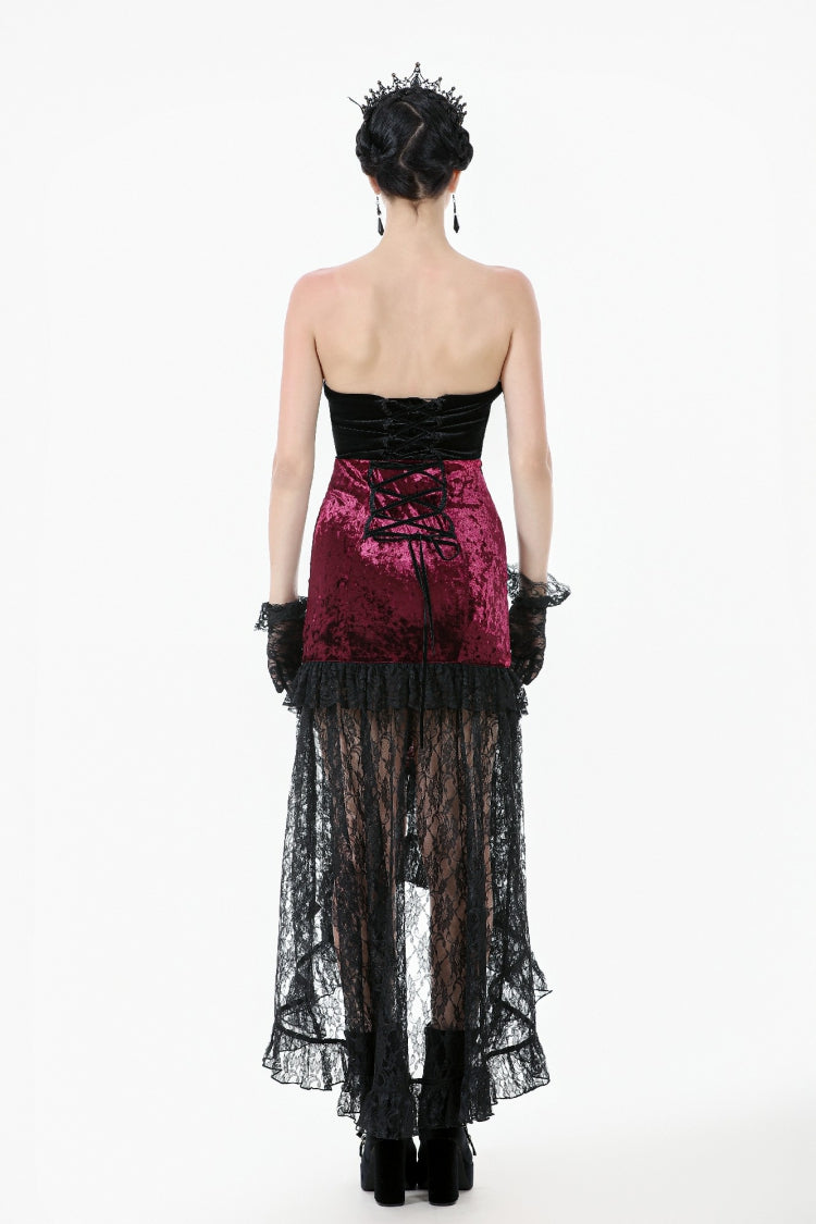Crimson & Noir Velvet & Lace Lace-Up High-Low Maxi Gothic Skirt