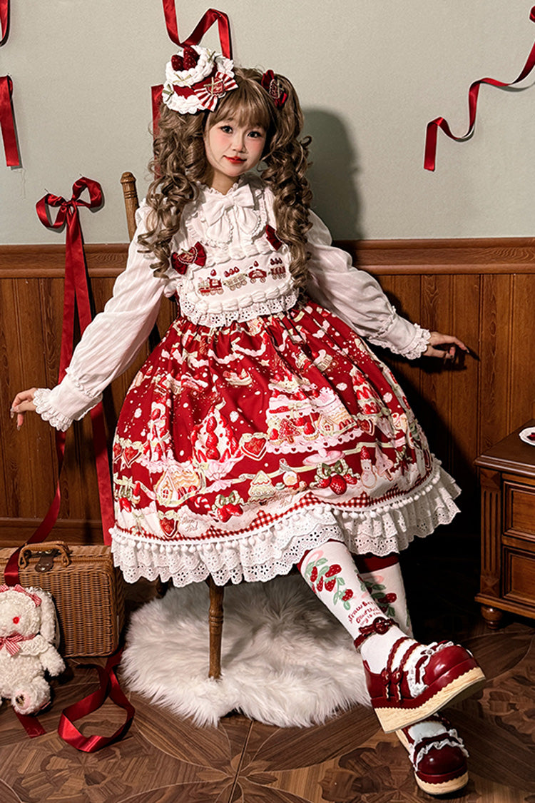 Mint Strawberry Dessert Printed High-Waisted Sweet Lolita JSK Dress - Ruffled