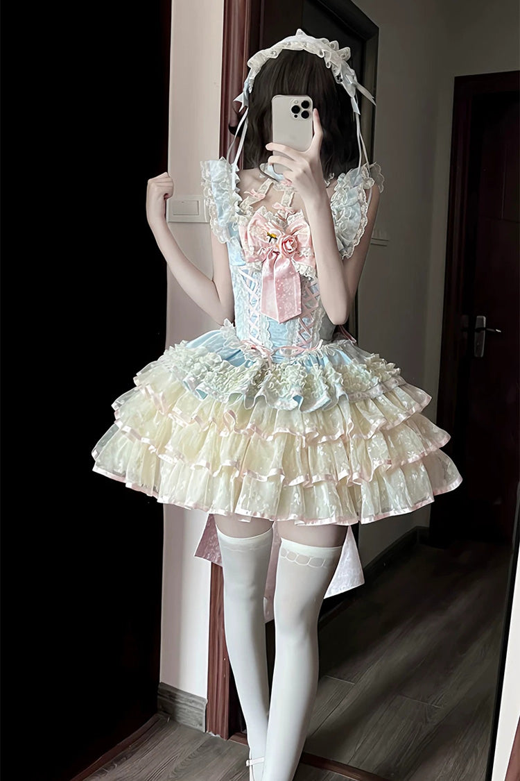 Sweet Ballet Lolita JSK Dress with Ruffled Bowknot and Rose Lace - Blue