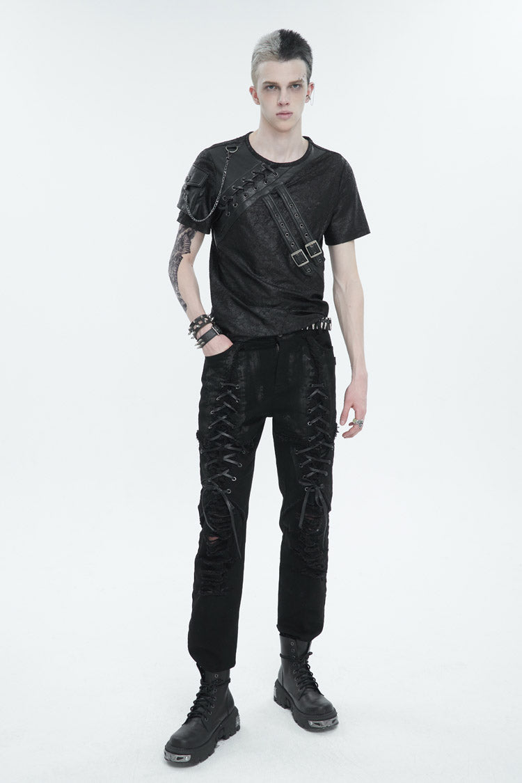 Edgy Distressed Strappy Punk Trousers for Men